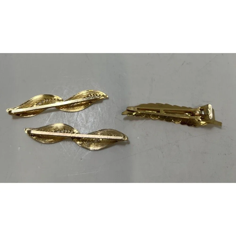 3 Vintage Gold Tone Textured Leaf Hair Clips Barrette Alligator Claw Set
